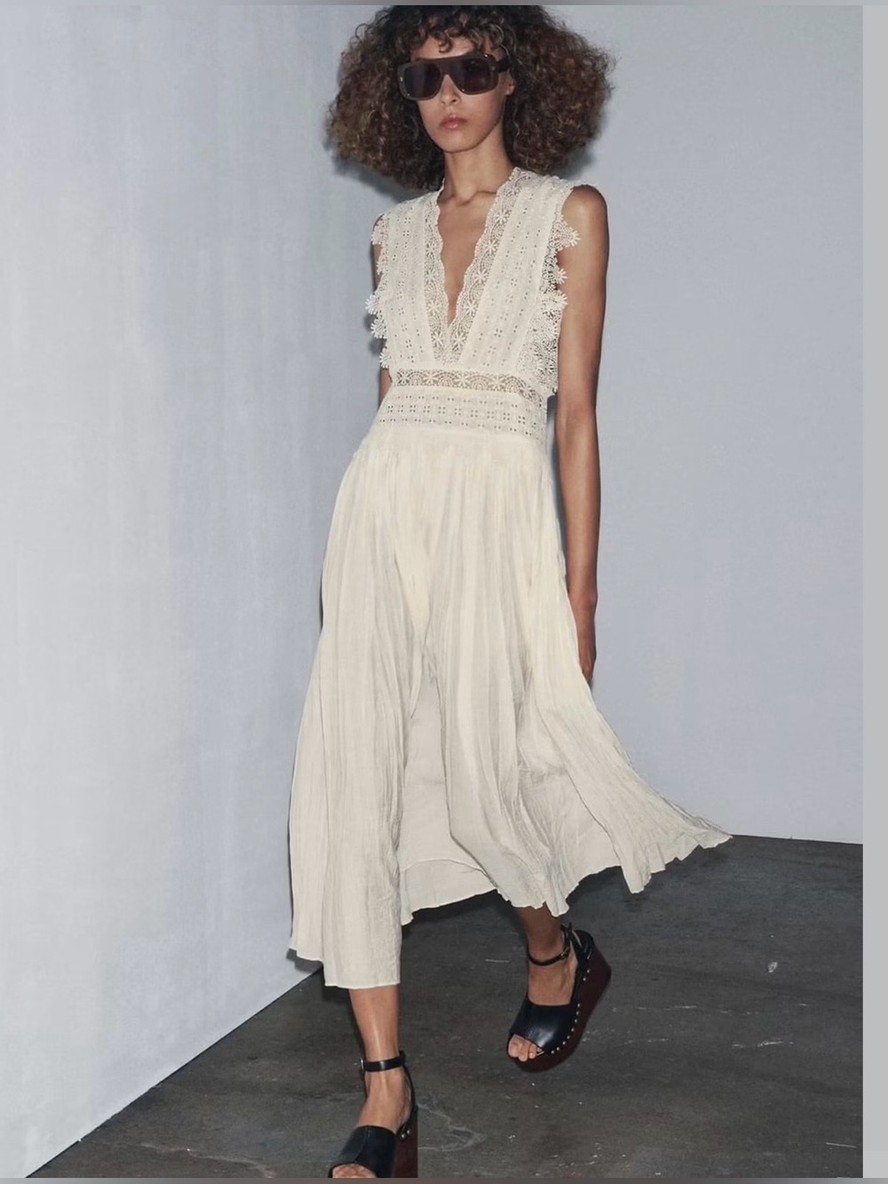Zara ZW Collection Pleated Strappy Lace Midi Dress Ecru/Cream size XS